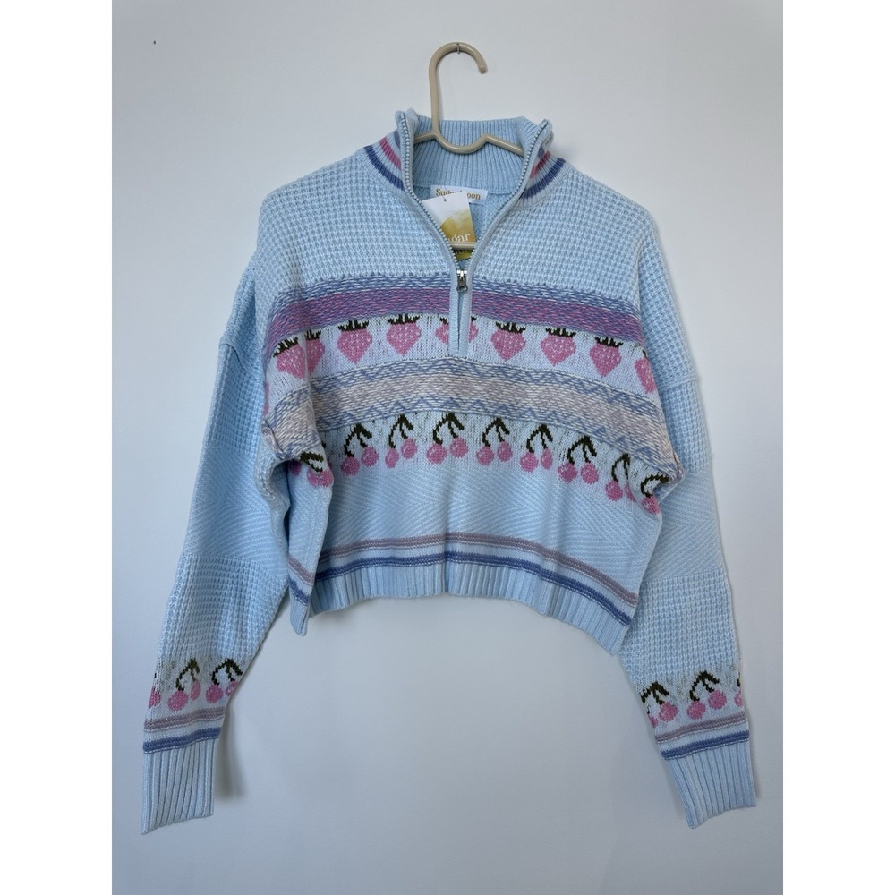 NEW Sugar Moon Junior's Large Cottage Jackquard 1/4 Zip Cropped Sweater Blue